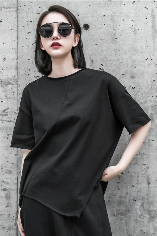 Cakucool новая футболка женские летние топы Короткий рукав японская Минимальная футболка Асимметричная Повседневная Свободная футболка Femme черный белый