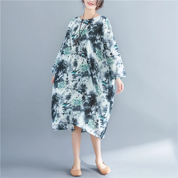 P Ammy Lagenlook живописи тушью хлопок и лен джемпер прямого платье Весна плюс Размеры