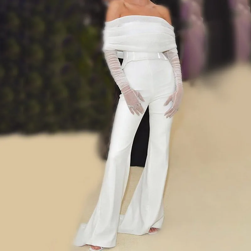 

2019 New Ladies Sexy Solid Color Off Shoulder Fashion Party Solid Romper Jumpsuit
