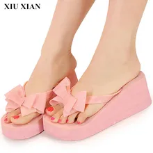 Korean Style Open Toe High Heel Women Slippers Bow Black Flip Flops Butterfly Platform Shoe Ladies Single Summer Beach Shoe Pink