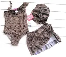 

Leopard bikini piece swimsuit skirt & swimming cap 3-pieces beachdress Girls swimsuit swimwear Children's bikini set