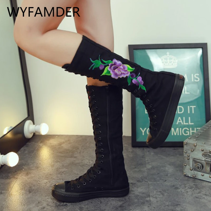 Женские высокие парусиновые сапоги WYFAMDER модные до колена на платформе со