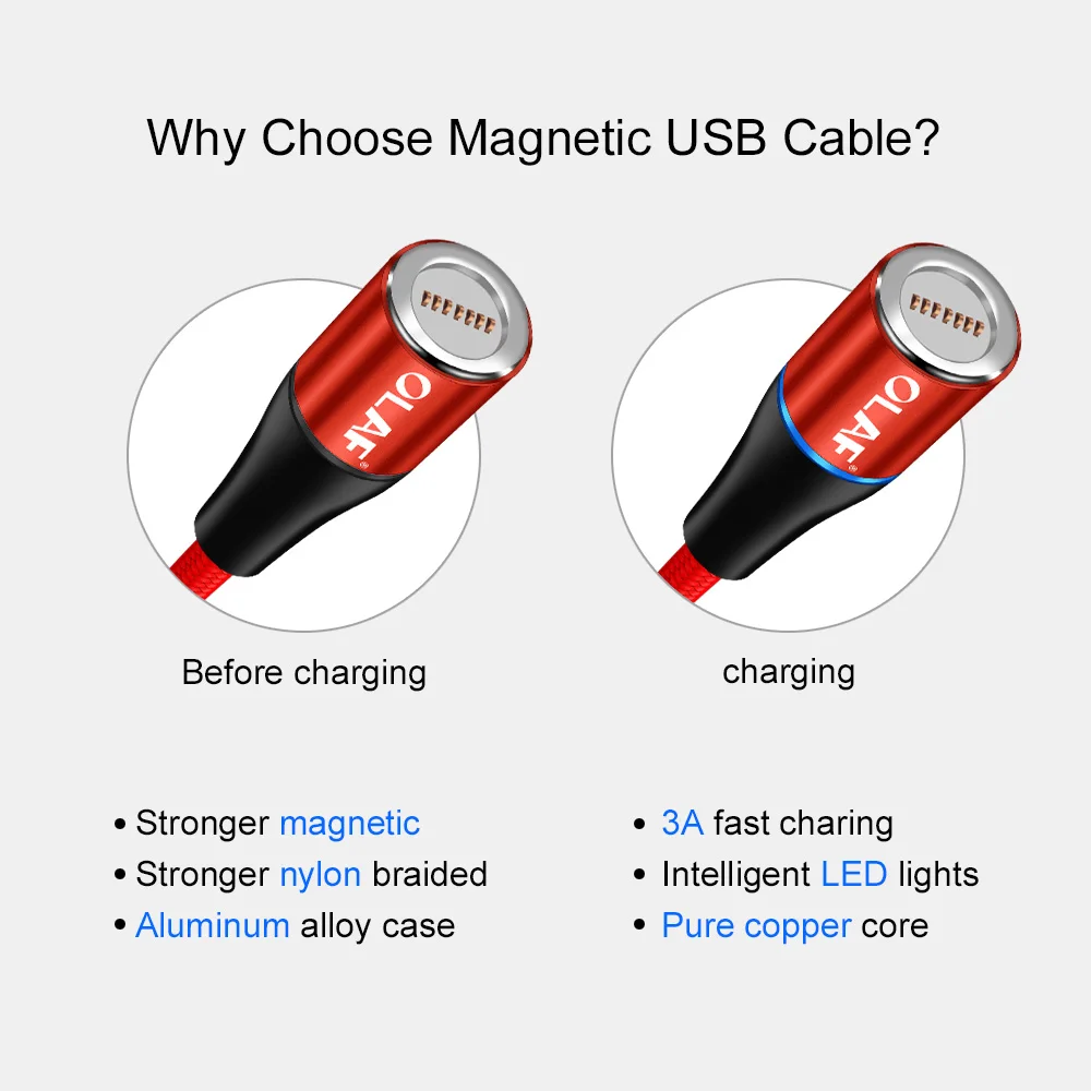 OLAF Magnetic USB Cable for iPhone X 8 Mobile Phone Micro USB Cable for Huawei Magnetic USB Type C Cables Connector for Samsung 3A Fast Charge