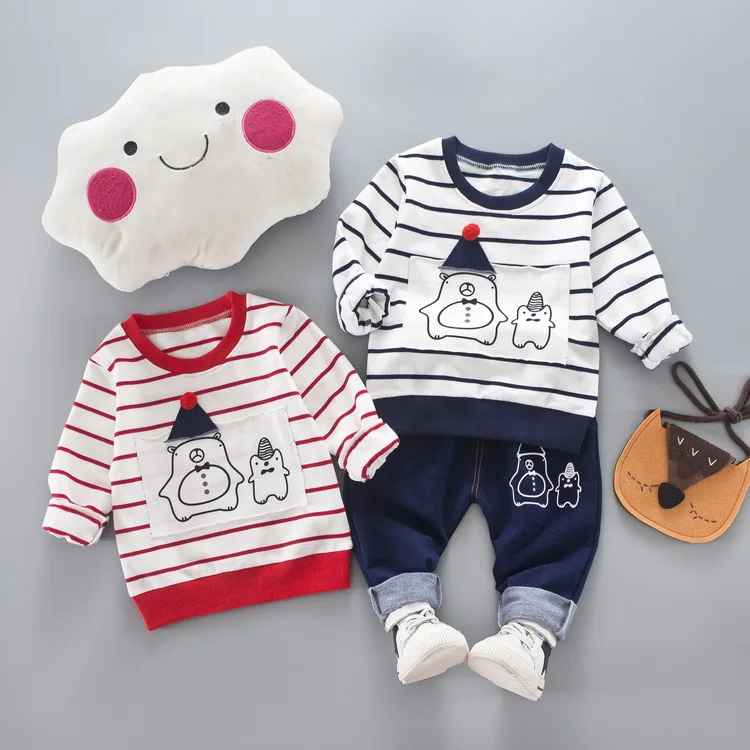 Комплекты одежды для маленьких мальчиков и девочек, весенне-осенняя футболка в полоску с мультяшным снеговиком из 2 предметов + штаны