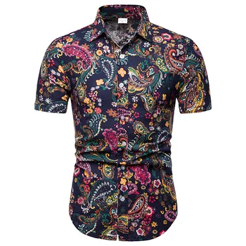 

2019 summer new style leisure fashion individuality printing beach party collars row buckle large size men short sleeve shirt