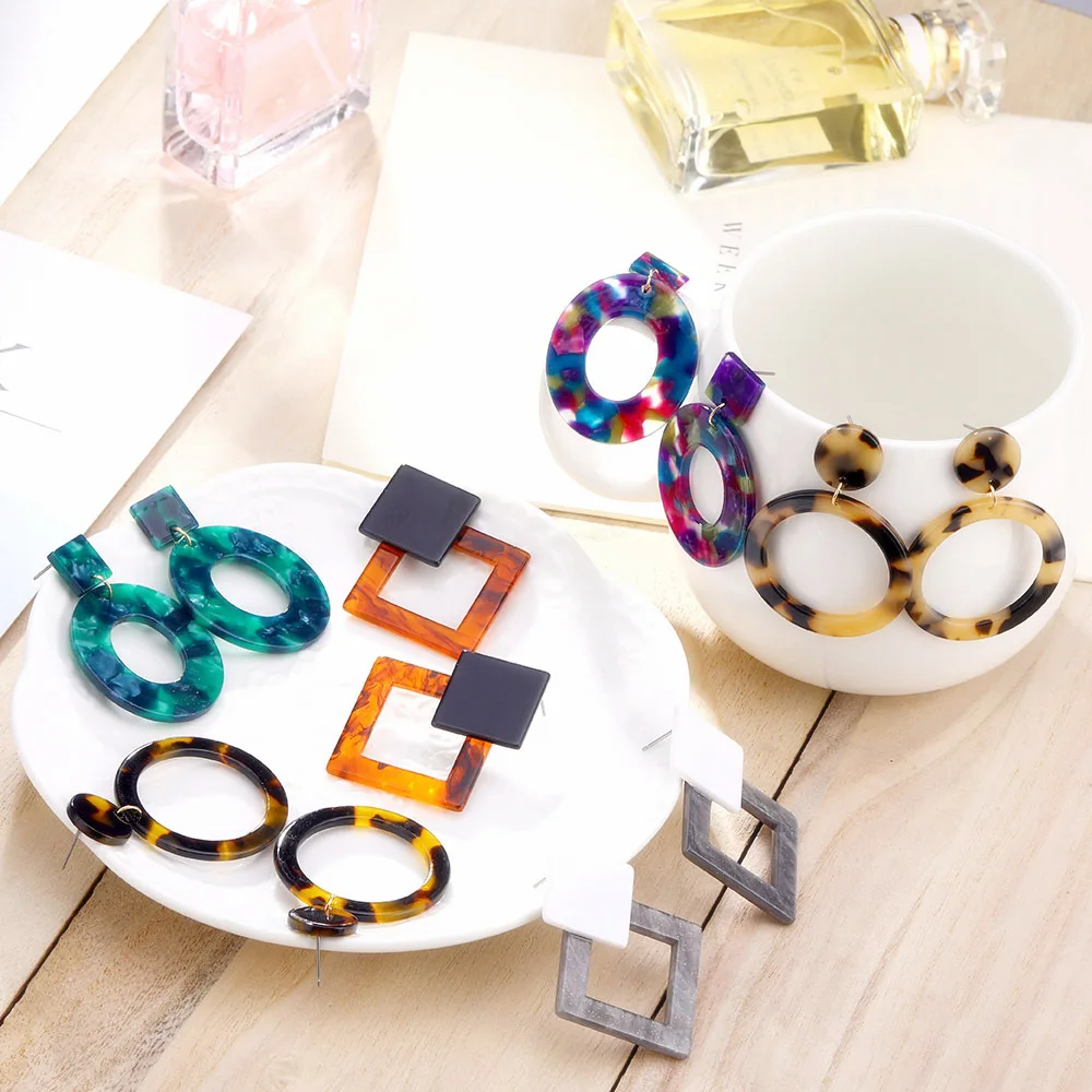 

2019 Fashion Multi Color Leopard Acrylic Oval Dangle Earrings For Women Acetic Acid Resin Geometric Circle Square Long Earrings