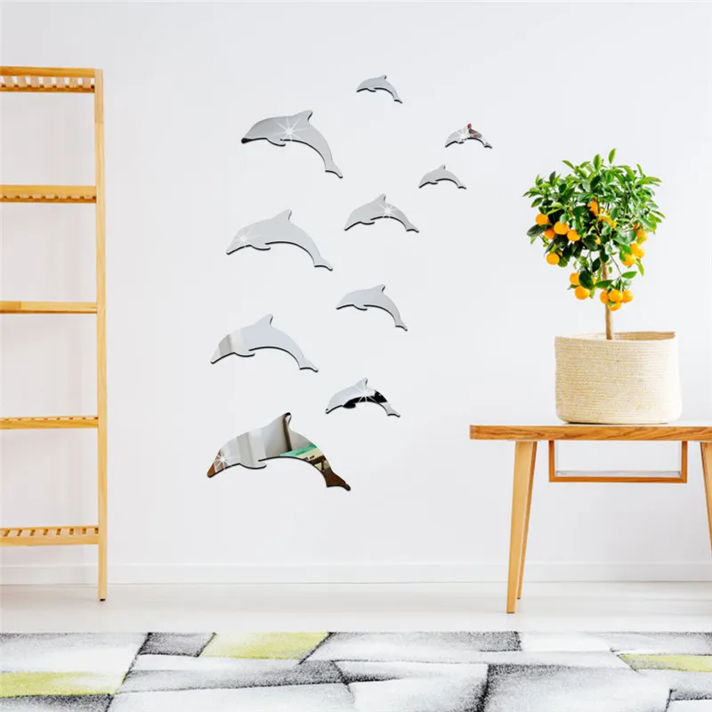 

High quality TV Sofa Bedroom Background Mirror Wall Stickers 3D Stereo Removable Wall Stickers Dolphin Mirror Paste