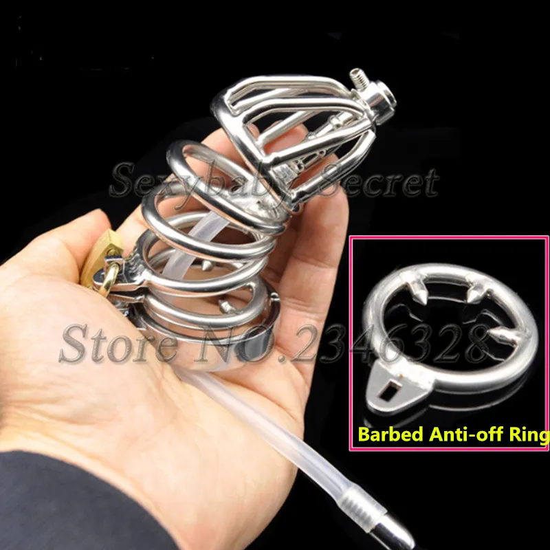 

Stainless Steel Male Chastity Belt With Catheter Barbed Anti-off Ring,Chastity Lock,Cock Cage,Penis Rings,BDSM Sex Toy For Man