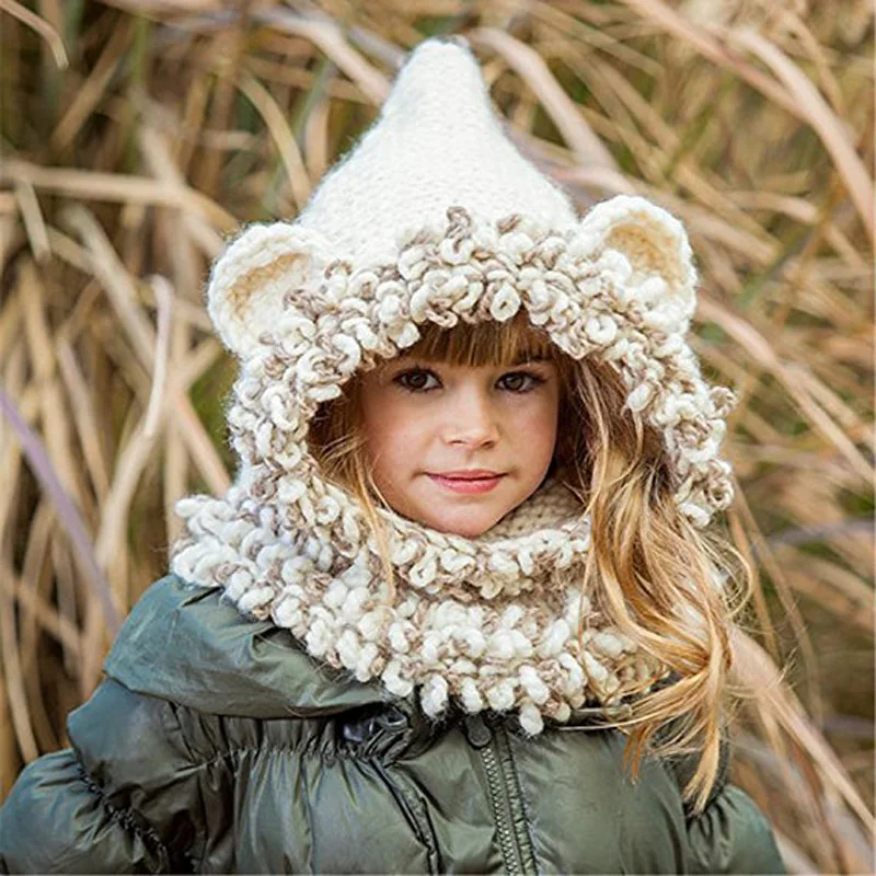 2PCs Autumn Winter Baby Knitted Crochet Hats Scarf Bear Ear Sets