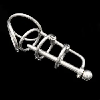 

Stainless steel cage male chastity ring scrotum bondage with detachable urethral stick penis stimulation sex toys cock cage.