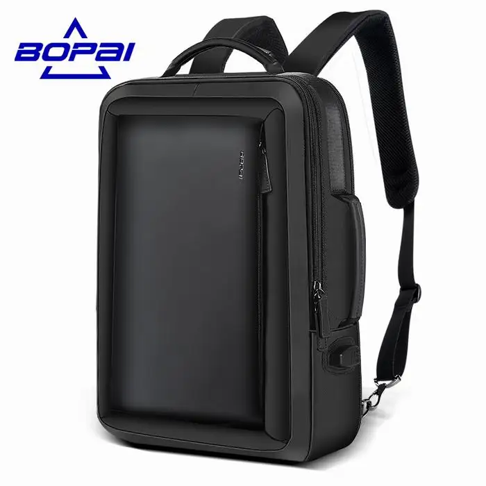 BOPAI, стильный кожаный мужской рюкзак, модный мужской рюкзак, однотонный тонкий мужской рюкзак, школьные сумки, USB, школьный рюкзак для колледжа, черный - Цвет: Black