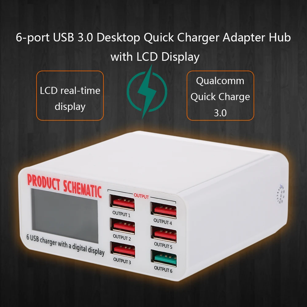 

USB Charge 3.0 6-Port 6A USB Charger Adapter Hub Multi Port USB Hub With Charger Dock Station with LCD Display Auto Detect Tech