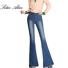 Весна Для женщин Flare заусенцы Джинсы для женщин Цвет синий Высокая Талия Широкие брюки Обувь для девочек расклешенные Мотобрюки размер 26-32