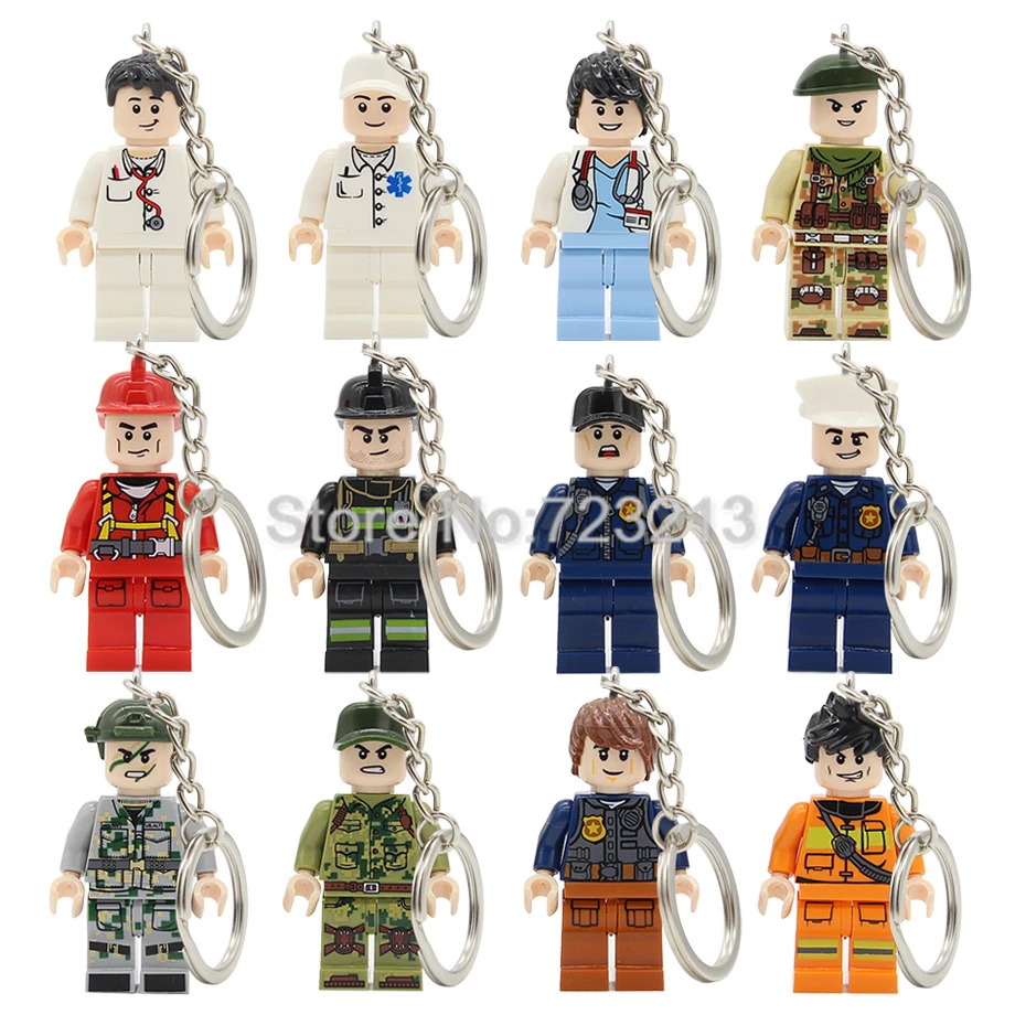 

12pcs/lot City Occupation Keychain Figure Set Key Ring Fireman Police Doctor Military Nurse Soldier Building Blocks Bricks Toys