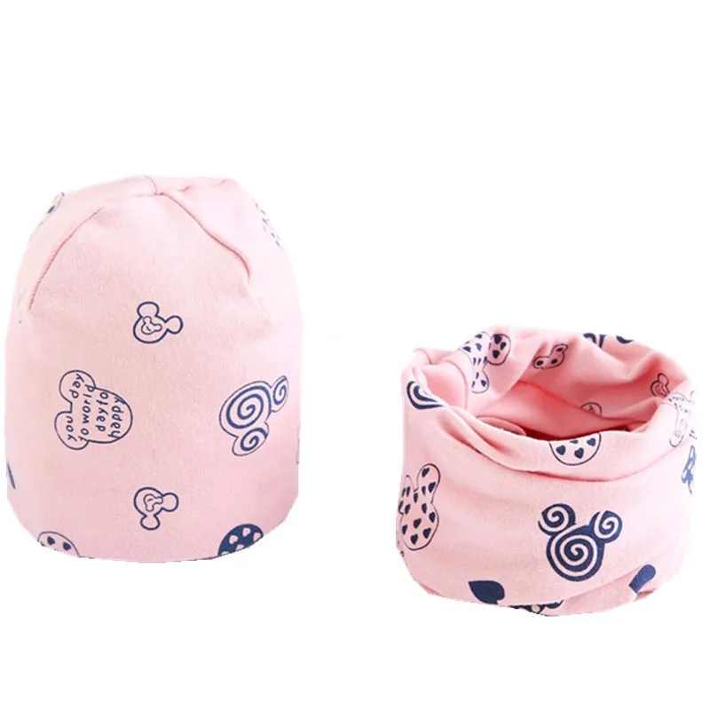 pink mouse hat set Новые Хлопковые плюшевые шапки для девочек с шарфом Фрукты Сова-овца Звезды Львиная шапочка для мальчиков Детская шапка с шарфом и воротником Комплект хлопчатобумажной шапки для детей - Цвет: pink mouse hat set