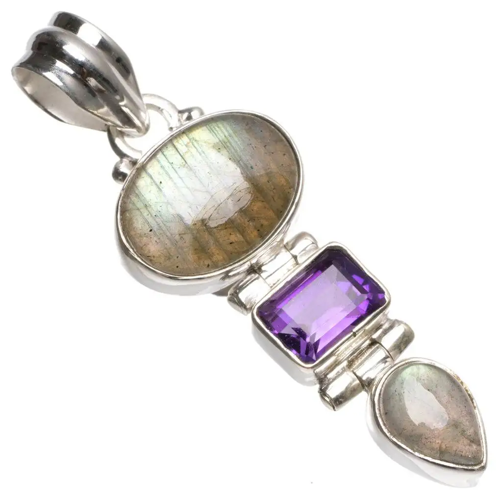 

Natural Labradorite and Amethyst Handmade Indian 925 Sterling Silver Pendant 1 3/4" T0122