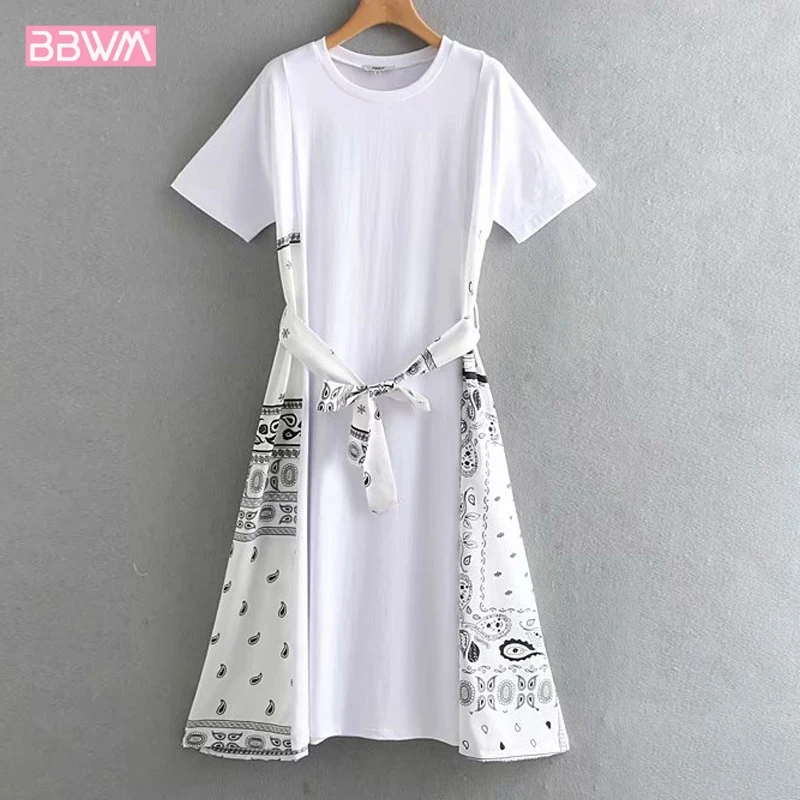

2019 summer new loose thin round neck with belt stitching female dress Ethnic style short-sleeved beach holiday women's dress