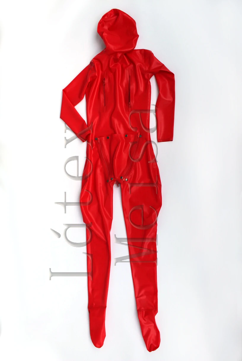 Male's latex custom trailored catsuit red color open mesh eyes &amp penis holes attached codpiece and 5 zippers(chests crotch) |