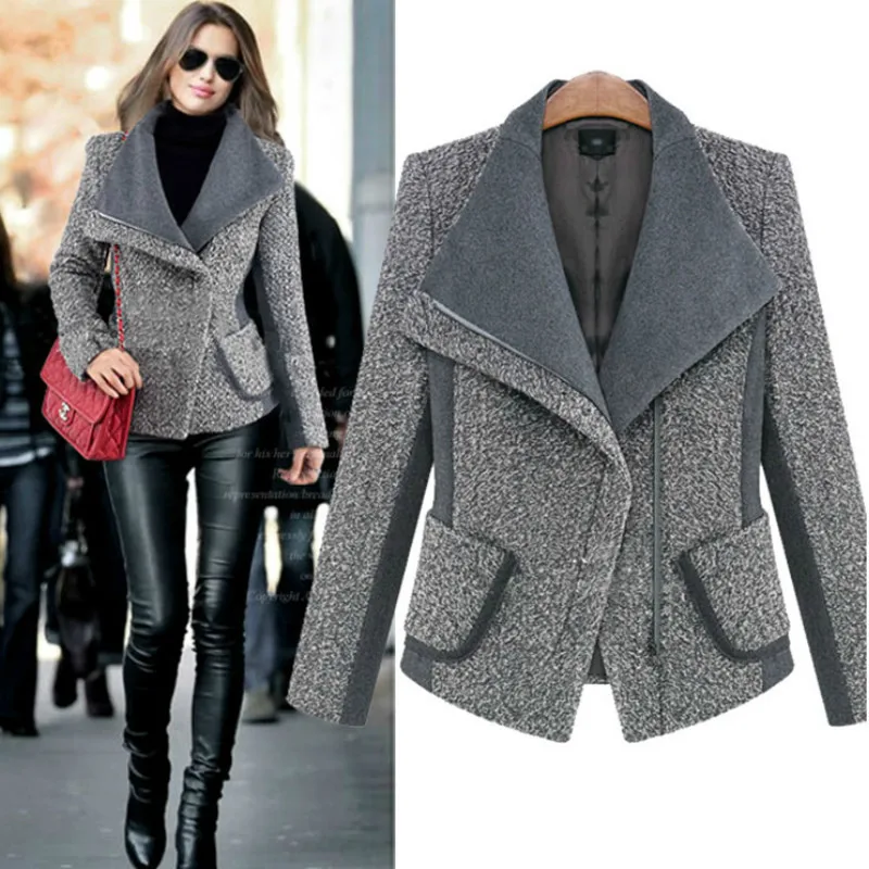 

Chic Big lapel Oblique zipper Coat Woolen Jacket Cardigan Turn Down Collar Slim Outwear Trench Coat Women Patchwork Short Tops
