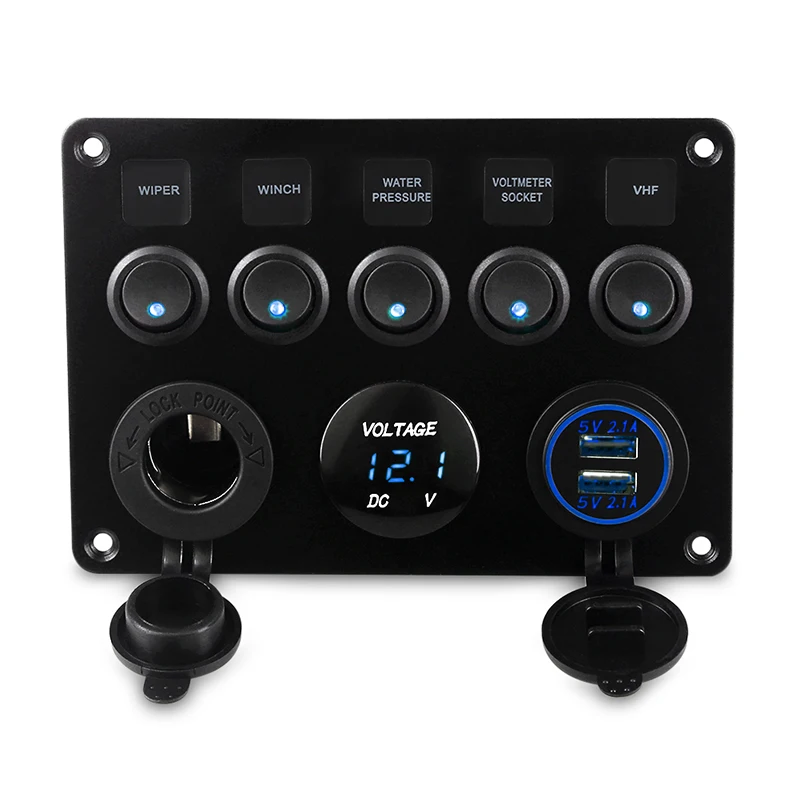 5 Gang ON-OFF Toggle Car Switch Panel Dual USB Socket Charger 4.2A LED Voltmeter 12V Power Outlet for Car Boat Truck Camper 5 Gang ON-OFF Toggle Car Switch Panel Dual USB Socket Charger 4.2A LED Voltmeter 12V Power Outlet for Car Boat Truck Camper
