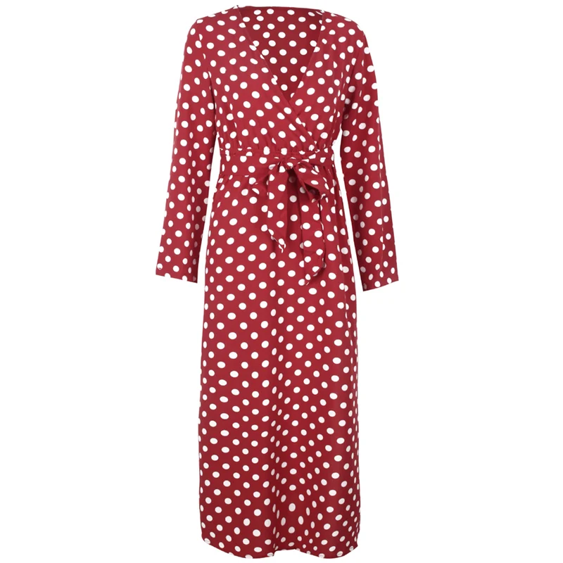 Qunndy 2018 Sexy Long Sleeve V Neck Long Party Maxi Dresses Polka Dot Print Beach Bohemian Vintage Dress Women Casual Vestidos (12)