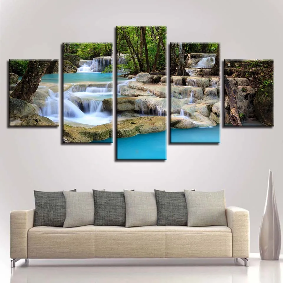

Decor For Living Room Wall HD Pictures 5 Pieces Little Waterfall Green Forest Canvas Painting Natural Scenery Modular Prints Art