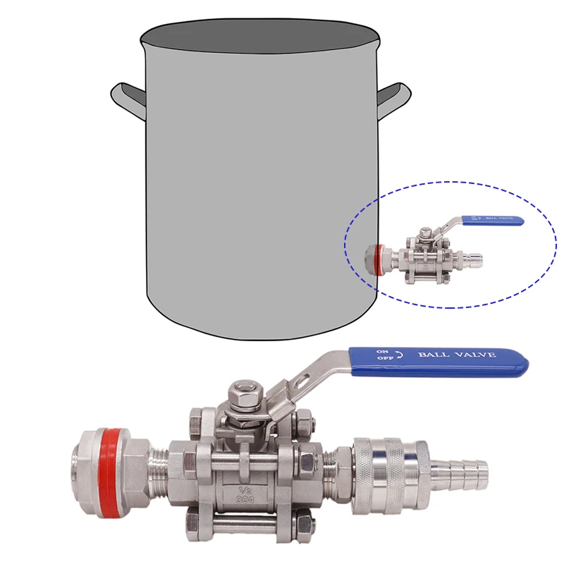 

Weldless 304 SS 3-piece Ball Valve with Quick Disconnect Kit Fit 1/2"ID Hose suitable Brew kettles, Homebrew Hardware