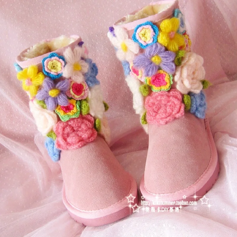 

2018 winter custom three-dimensional flower flat with real cowhide snow boots handmade sweet platform warm women's boots.
