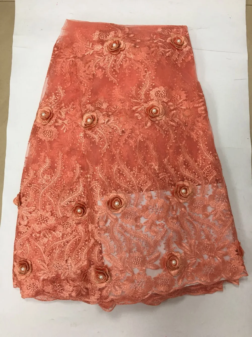 

High Quality Orange color Lace Fabric, 100% Polyester Dress Making Tulle Lace, Wedding Dress African French Lace