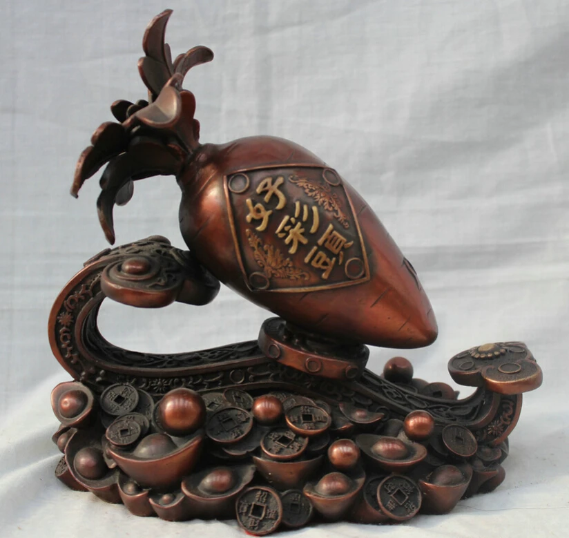 

S5844 Chinese Folk Home Fengshui Bronze Money Wealth Ruyi " Good Luck " Radish Statue D0318
