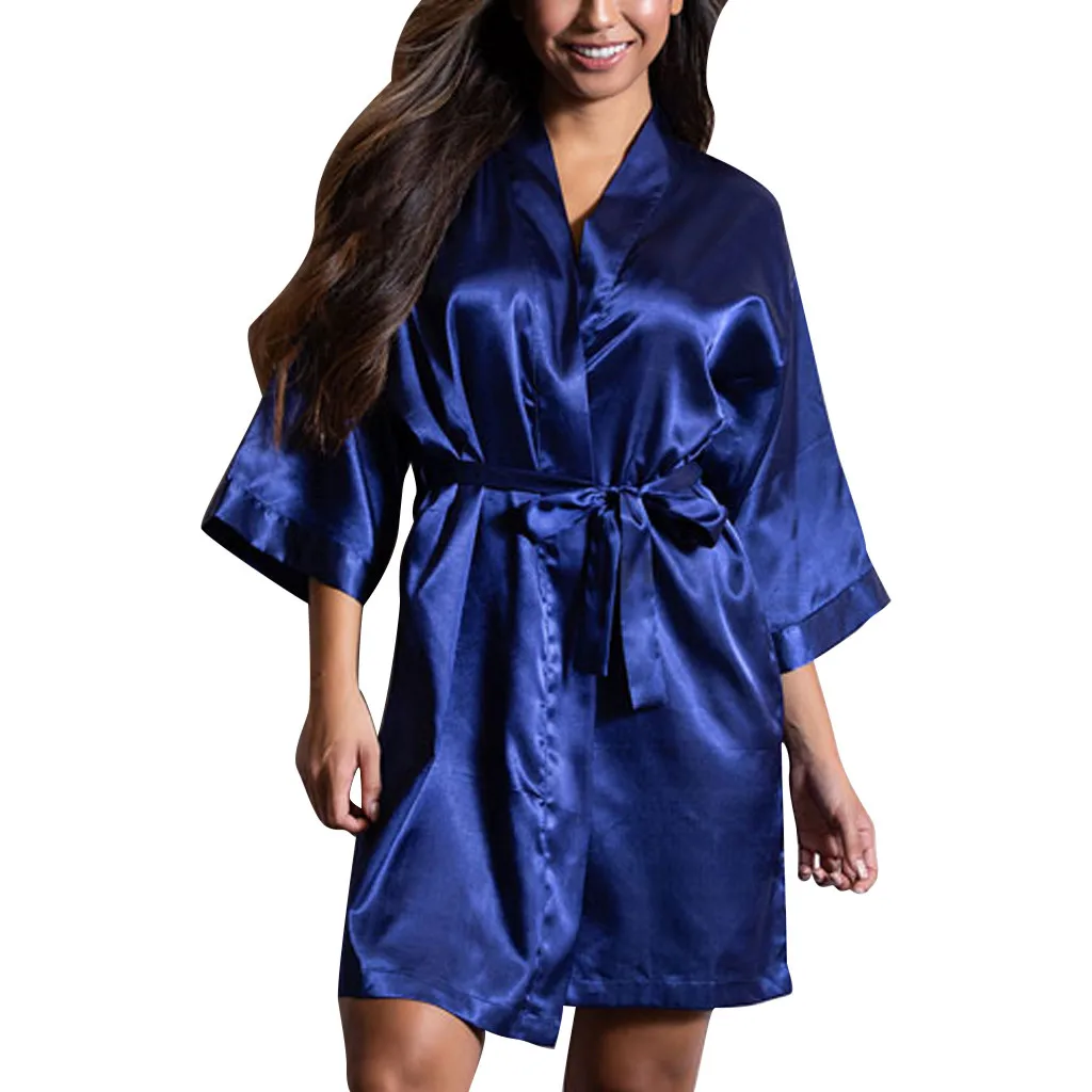 Женский Шелковый Атласный Короткий Ночной халат, однотонное кимоно, халат, модный банный халат, сексуальный халат, пеньюар, женский халат для свадьбы, невесты, подружки невесты - Цвет: Синий
