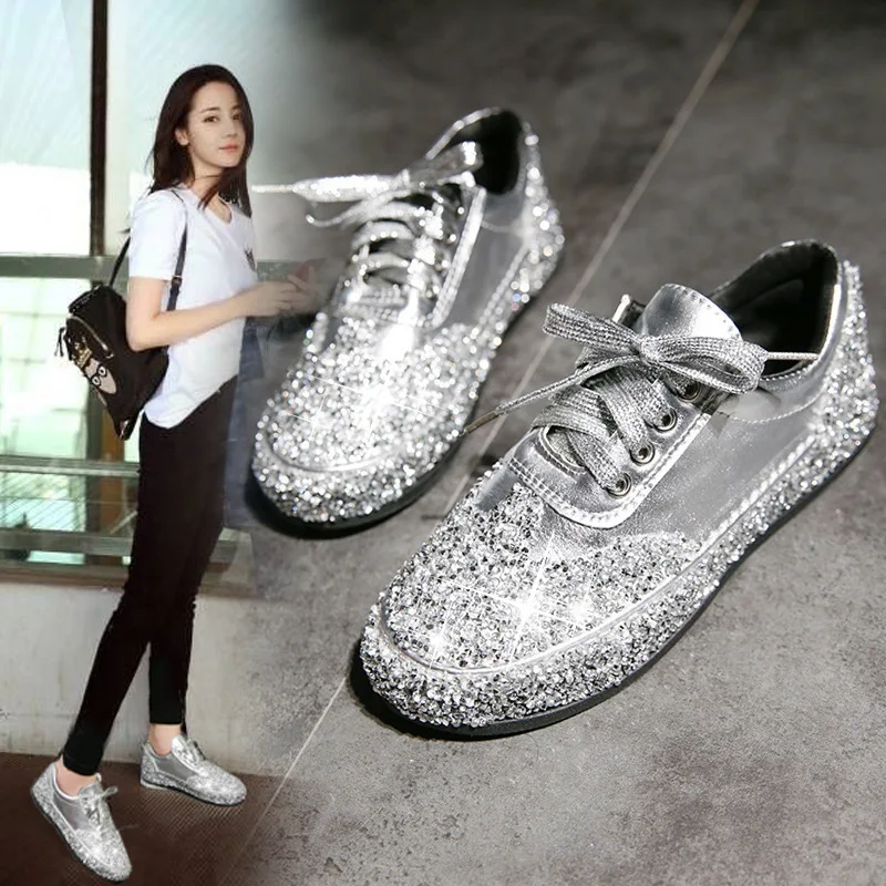 

2019 New Women Loafers Sneakers Black Silver Sport Flats Breathable Outdoor Superstar Shoes Party Rhinestone Bling Bling Shoes