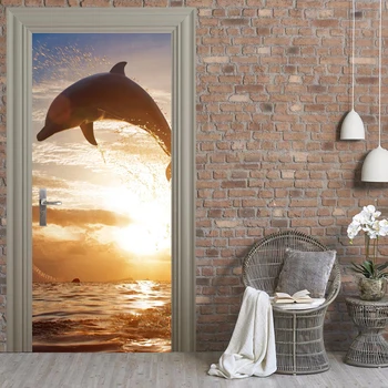 

3D Dolphin Jump Poster PVC Waterproof Entire Door Sticker Creative Stickers Door Wall Sticker DIY Mural Bedroom Home Decor