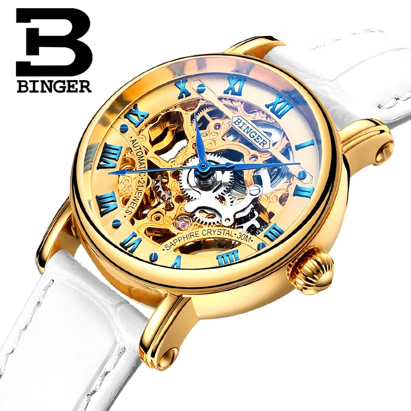 Switzerland luxury Women's watches BINGER brand Hollow Out Mechanical Wristwatches sapphire full stainless steelclock B-5066L4