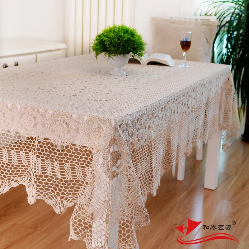 HETAIYIYUAN 150x220cm handmade crochet dining table cloth cotton fabric tablecloth rustic