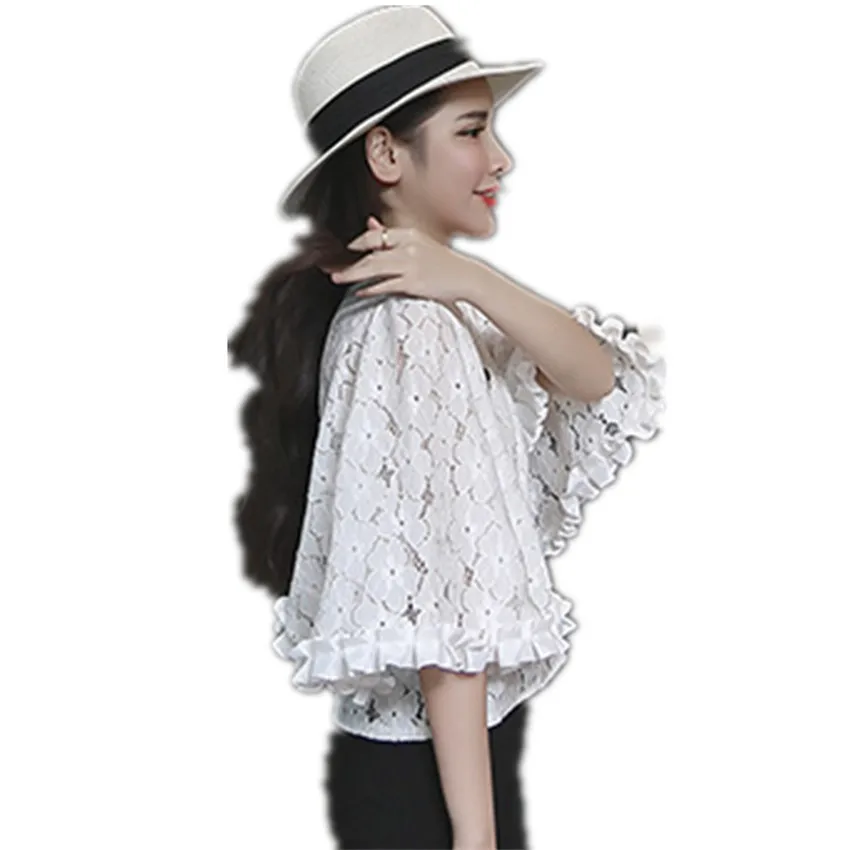 

2018 New Summer Spring Flare Sleeve Hollow Out Blusas White Women Lace Blouse Sweety Girl Mesh Shirt Basic Tops Bottomings WZ395