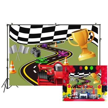

backdrop for photography Racing car theme birthday party decor Black and white grid for children Champion backdrop W-2089