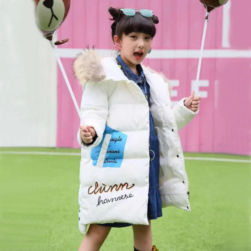 

Winter new white duck down jackets for grils real fur collar fashion coats children's zipper hooded print outerwear tops ws80