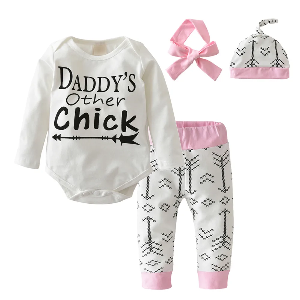 

4pcs!!!Toddler Set Baby Clothing Set Cute Style Long Sleeve Letter Rompers+Arrowes Pants+Hat+Headband Newborn Baby Girl Clothes