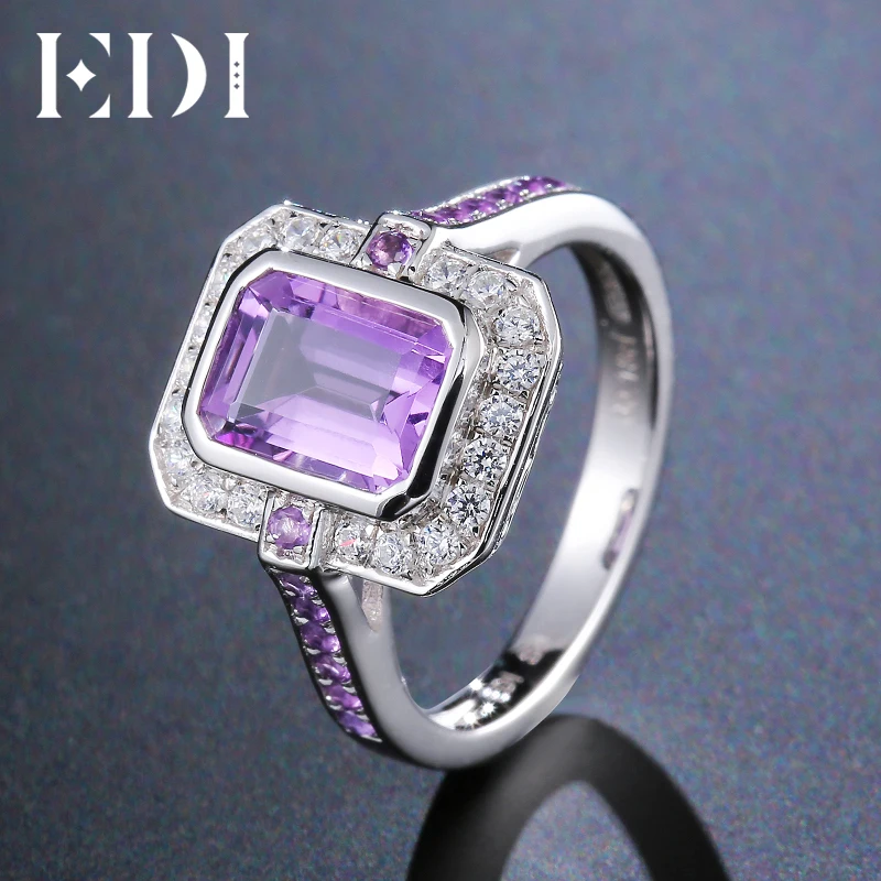

EDI 1.75 Natural Amethyst Crystal 100% 925 Sterling Silver Anniversary Rings Statement Fine Jewelry For Women