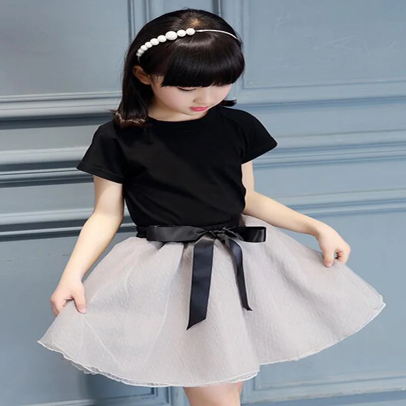 

MERI AMMI 2pcs Set Girls' Clothing Outfit Short Sleeve Tee +Big Bow TuTu Skirts For 4-15 Year Girl ,J540