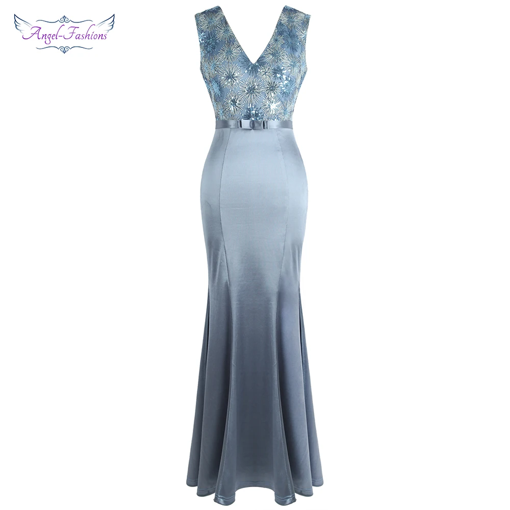 

Angel-fashions Women's V Neck Sequin Sleeveless Party Gown V Backless Long Mermaid robe de soiree Evening Dress J-190304