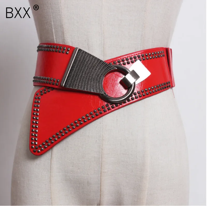 

[BXX] 2019 Spring Summer Woman Personality New Red Color Spliced Rivet Wide PU Leather Waistbelt All Match LM314