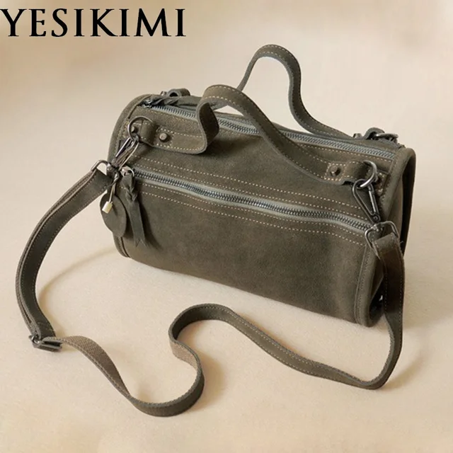 Yesikimi Genuine Leather Handbags For Women Army Green Vintage Suede Yesikimi Genuine Leather Handbags For Women Army Green Vintage Suede Shoulder Bag Retro Feminine Boston Bolsos