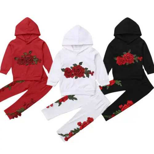 2Pcs Toddler Kids Baby Girls Flowers Hooded Top Pants Outfits Clothes Tracksuit