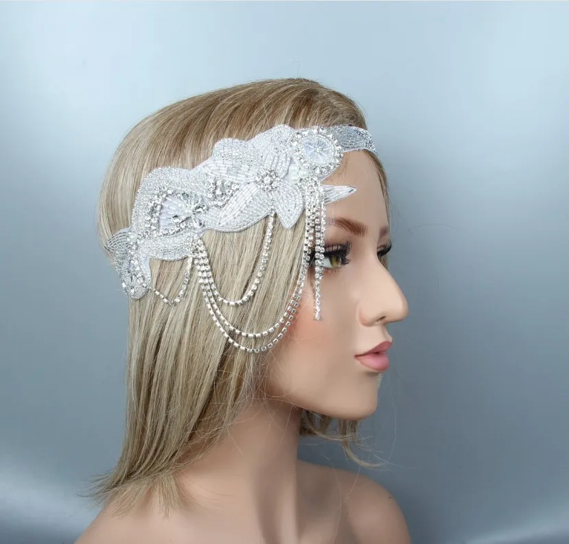 New Luxurious Rhinestone Beaded Tassel Hair Band 1920s Vintage Gatsby