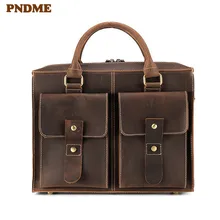PNDME высококачественный мужской портфель из натуральной кожи ретро простая сумка для ноутбука Повседневная Деловая Наплечная Сумка офисная воловья сумка