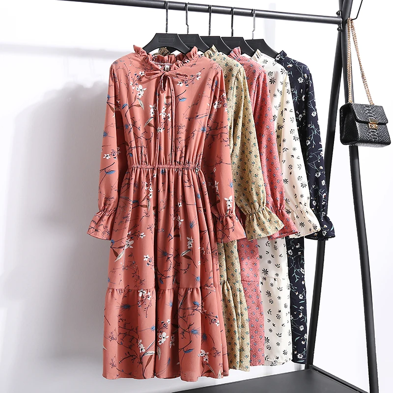

FMFSSOM 2019 New Woman Ruffled Floral Print Chiffon Midi Dress Lady Elastic Band High Waist Full Sleeve Floral A-line Dress