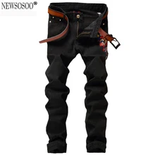 Newsosoo бренд Biepa новый plum blossom вышитые джинсы для мужчин Slim fit прямые черные джинсы hombre MJ67