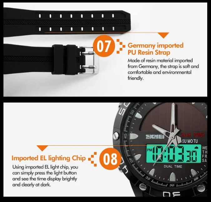 Watches Men Waterproof Solar Power Sports Casual Watch Man Men's Wristwatches 2 Time Zone Digital Quartz LED Clock Men
